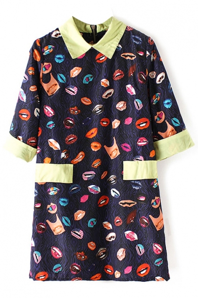 Mouth Print 3/4 Sleeve Contrast Collar  Dress