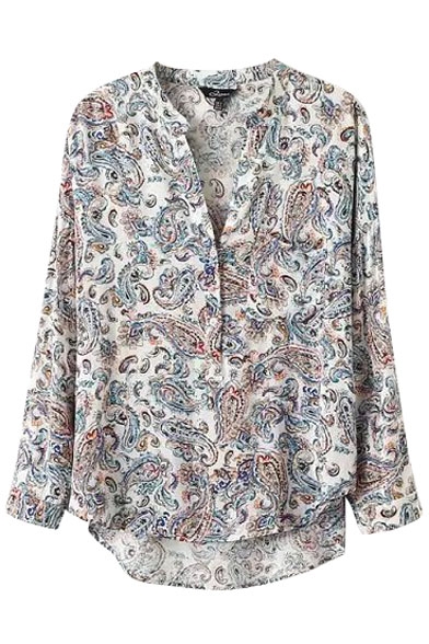 Paisley Print Stand Collar Long Sleeve Blouse - Beautifulhalo.com