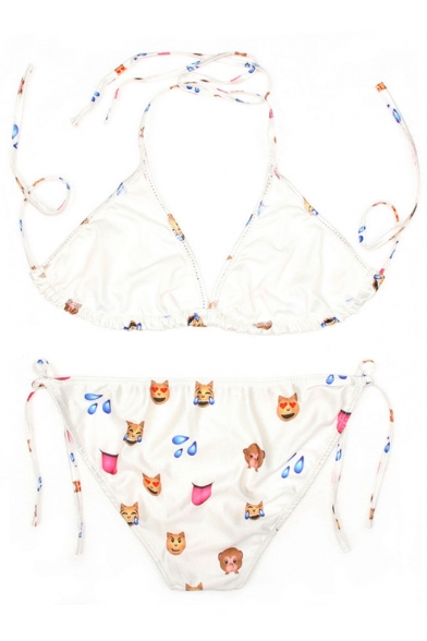 Funny Emoji Print Halter with String Bikini Set