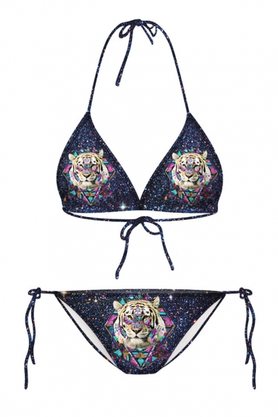 Sexy Tiger Print Halter with String Bikini Set