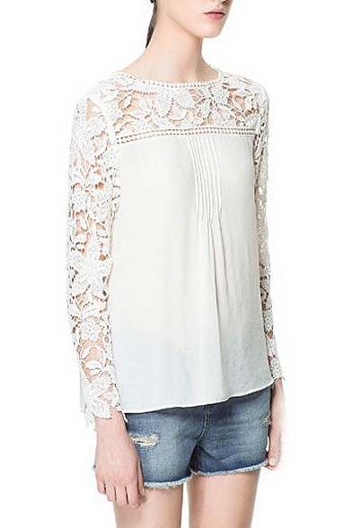 White Round Neck Long Sleeve Lace Chiffon Blouse - Beautifulhalo.com