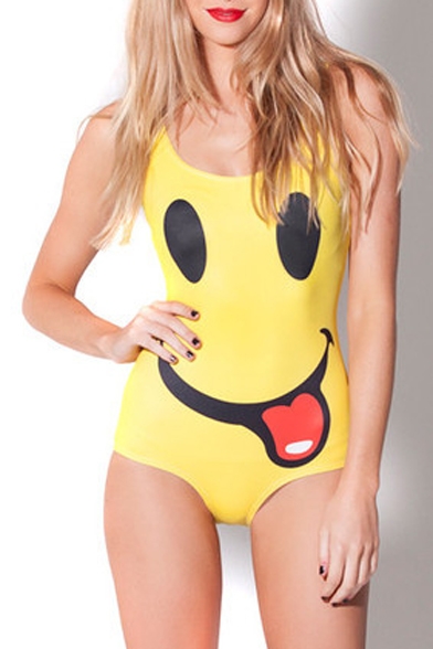 Yellow Smile Face Print One Piece Swimsuit