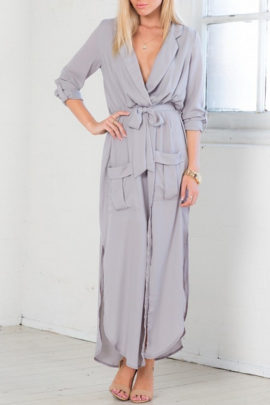 Gray Long Sleeve Notched Lapel Belted Maxi Dress