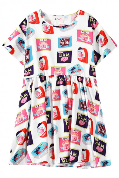 Meat Can Print Round Neck Short Sleeve Dress