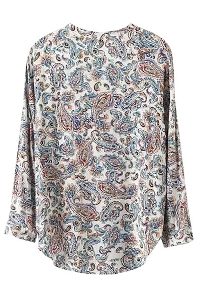 Paisley Print Stand Collar Long Sleeve Blouse - Beautifulhalo.com