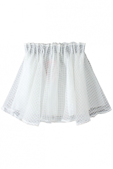 Plain Plaid Organza Elastic Waist Mini Skirt