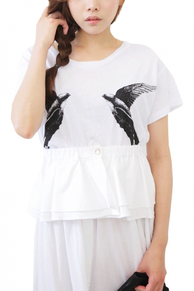 Swallows Print Round Neck Fitted T-Shirt