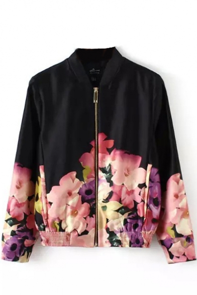 Black Floral Print Long Sleeve Zipper Front Coat