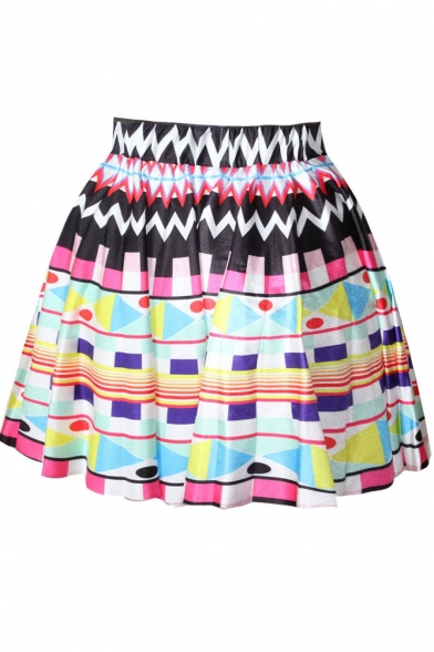 Multi Color Geometry Pattern Print Skater Skirt