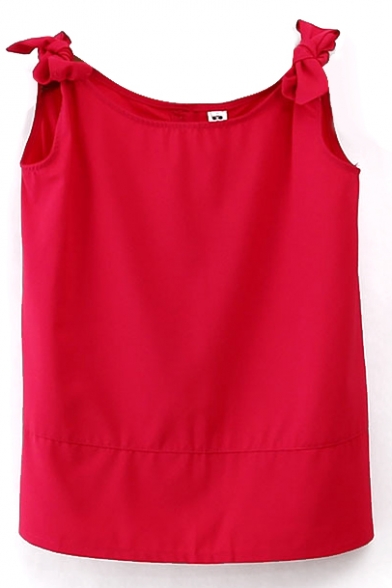 Red Bow Shoulder Sleeveless Buttons Blouse