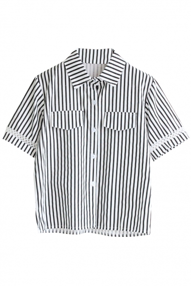 Stripe Print Lapel Short Sleeve Fake Pocket Shirt