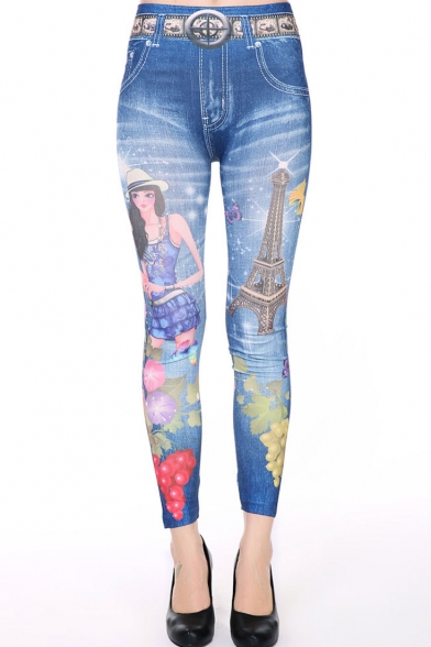 Tower and Beauty Print Elastic Skinny Jeggings