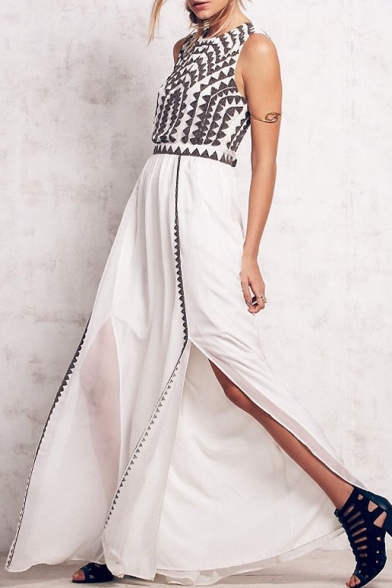 White Sleeveless Triangle Print Split Hem Max Dress