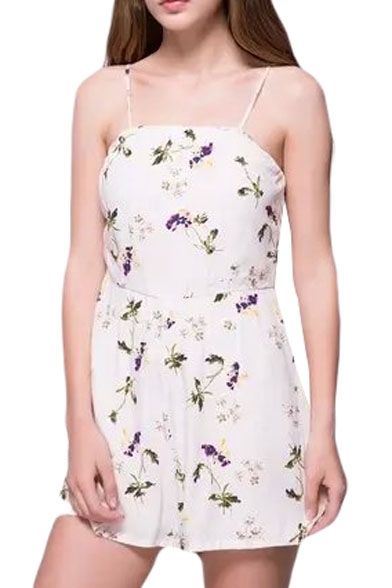 White Strap Floral Print Fitted Rompers