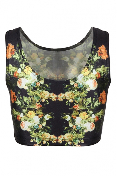 Black Sleeveless Floral Print Crop Tank - Beautifulhalo.com