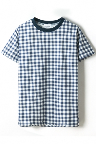 Blue Check Print Short Sleeve Fitted T-Shirt - Beautifulhalo.com