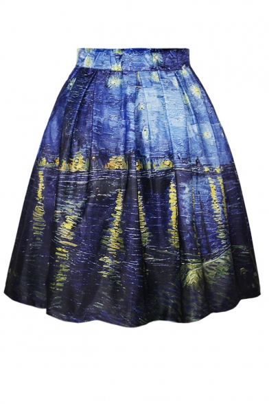 Blue Oil Painting Print Flare A-Line Skirt