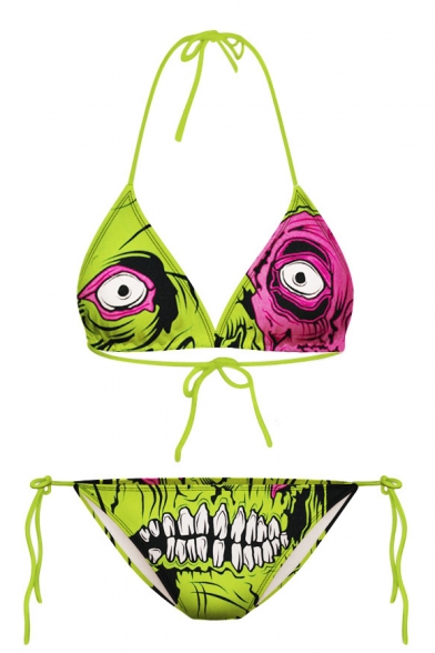 Green Zombie Print Halter with String Bikini Set