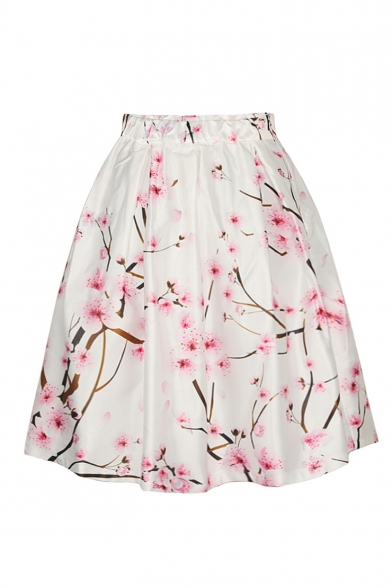 Peach Blossom Print High Waist A-Line Skirt - Beautifulhalo.com