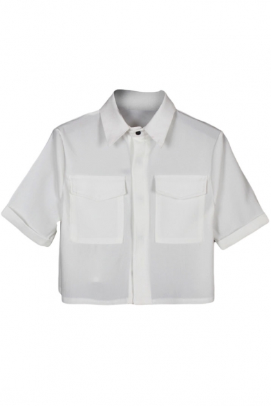 Plain Short Sleeve Lapel Pockets Crop Shirt