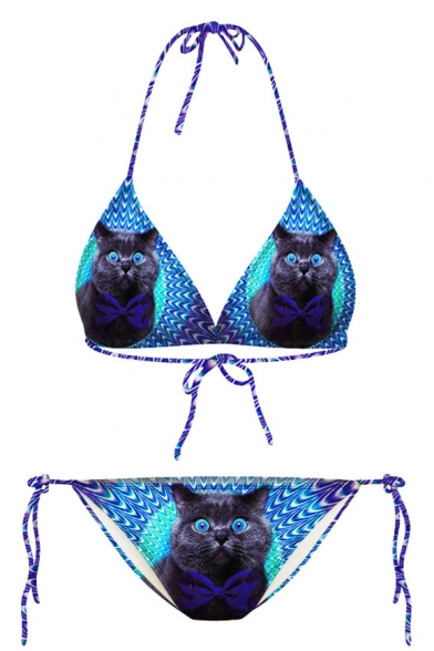 Psychedelic Cat Print Halter Bikini Set