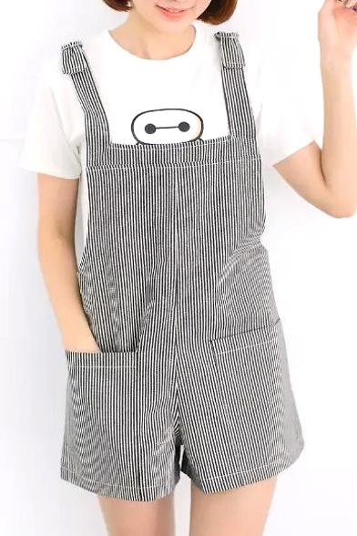 Vertical Stripe Double Pockets Concise Overalls