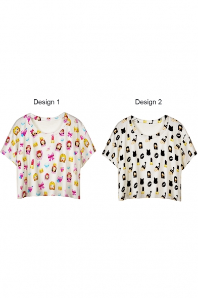 White Short Sleeve All Over Emoji Print Crop T-Shirt