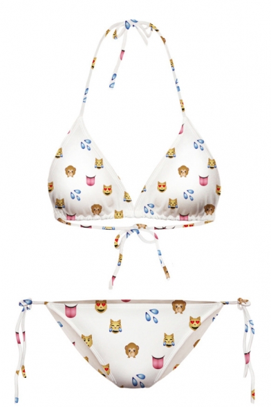 Funny Emoji Print Halter with String Bikini Set