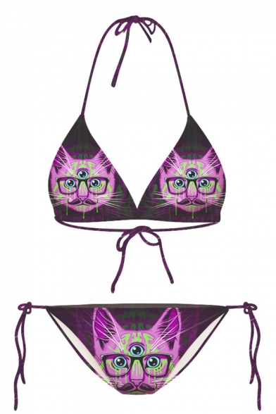 Scary Cat Head Print Halter with String Bikini Set