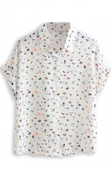 Umbrella Print Short Sleeve Chiffon Shirt - Beautifulhalo.com
