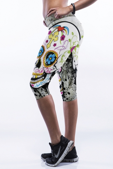 White High Waist Skull Floral Print Workout Capris - Beautifulhalo.com