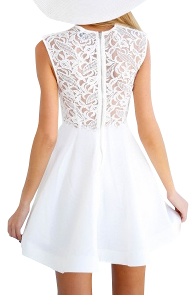 White Sleeveless Lace Insert Zippered Flare Dress