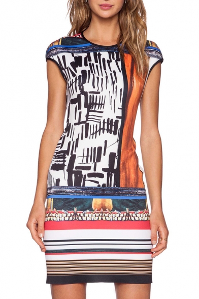 Abstract Round Neck Cap Sleeve Fitted Sheath Dress