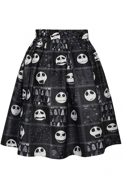 Black Skull Print Tie Dye A-Line Midi Skirt
