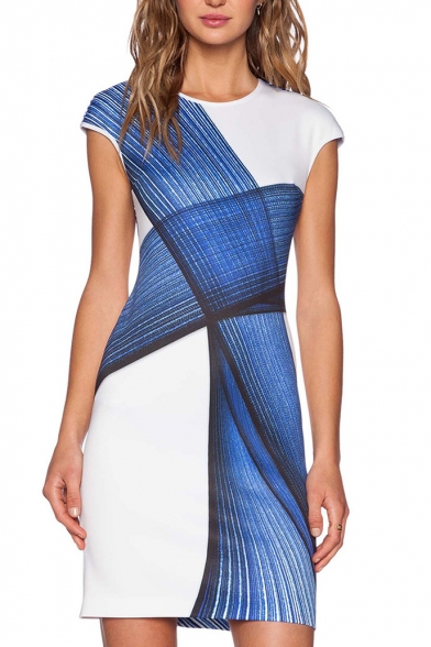 Geometric Print Cap Sleeve Round Neck Fitted Dress