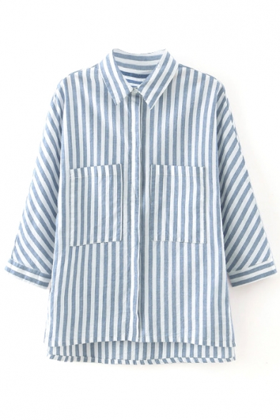 Stripe Lapel 3/4 Sleeve Double Pocket Shirt