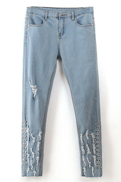 Stud Embellish Distressed Elastic Jeans