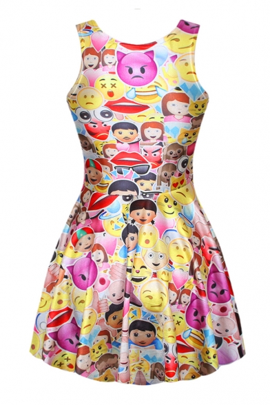 Yellow Sleeveless Emoji Expression Print Dress