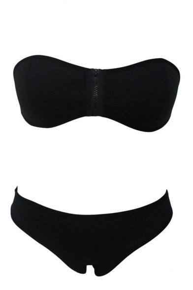 Black Zipper Front Low Rise Bikini Set
