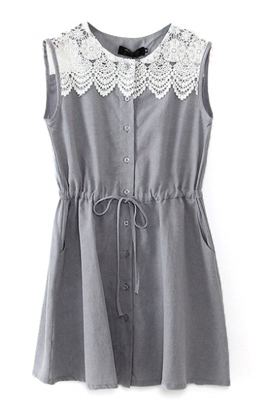 Gray Sleeveless Button Down Lace Crochet Drawstring Waist Dress