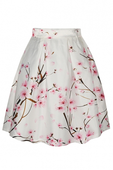 Peach Blossom Print High Waist A-Line Skirt