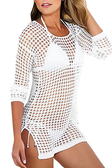 White Round Neck Long Sleeve Hollow Cover-Up