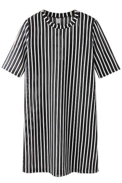 Stripe Print Short Sleeve Screw Neck Hollow Dress