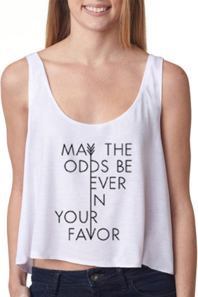 White Scoop Neck Cute Letter Print Loose Tank