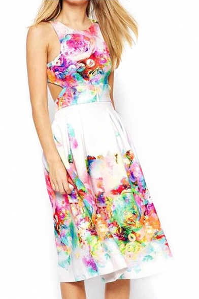 Colorful Floral Print Sleeveless Cutout Back Midi Dress