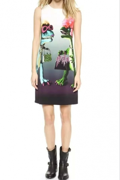 Dinosaur Print Round Neck Sleeveless Dress
