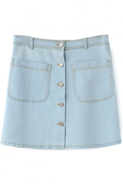 Light Blue A-line Button Fly Denim Skirt with Pockets - Beautifulhalo.com