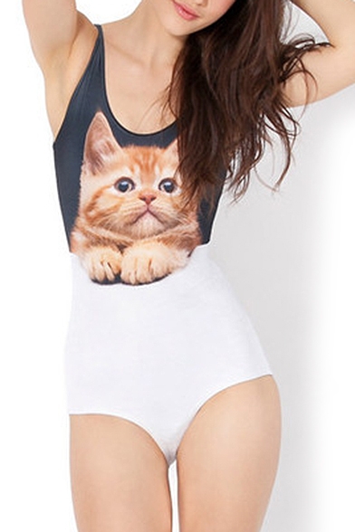 Cat Print Tow-tone Scoop Neck One Piece Swimsuit