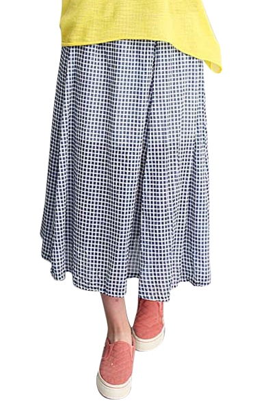 Checker Print Elastic Waist Tea Length Skirt