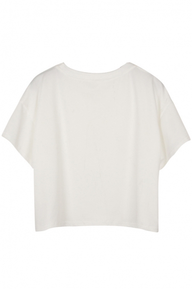 White Short Sleeve Diagram Print Crop T-Shirt